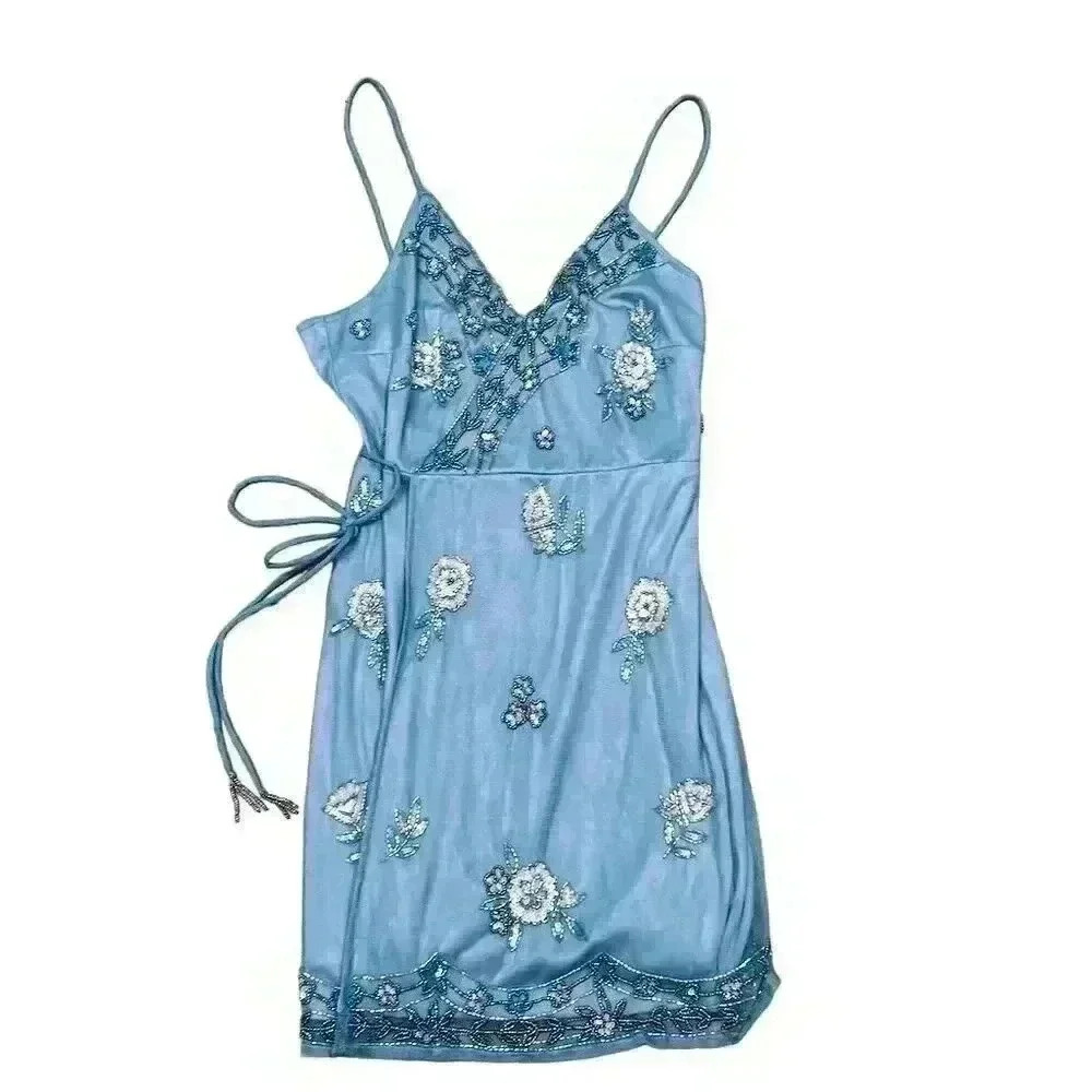 Altar’d State Women’s Large Blue Beaded Floral Dress – Wedding Guest, Cocktail